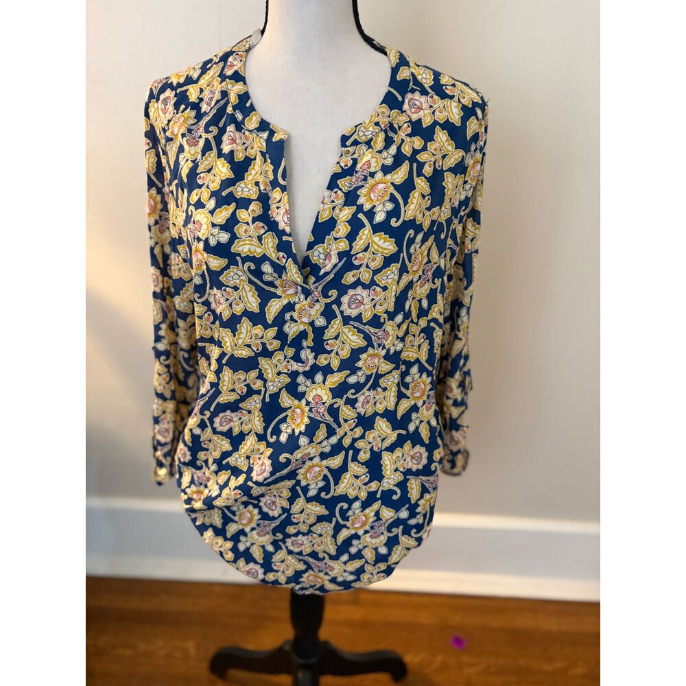 Pale Sky Blue & Mustard Floral Long Sleeve Peasant Blouse | Size M